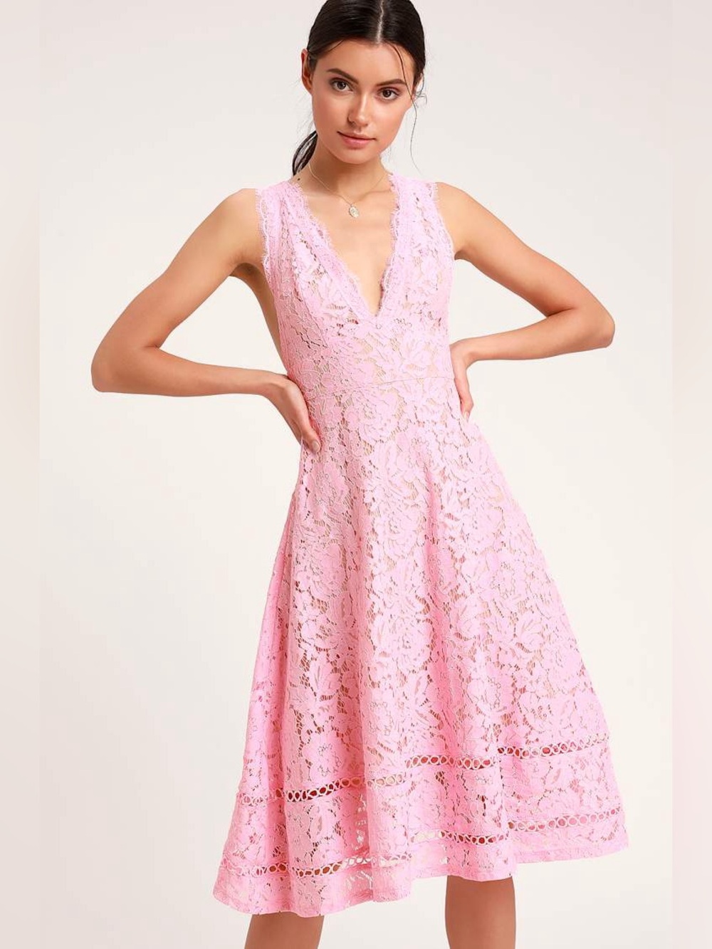Lulu's Kiss Kiss Pink Lace Sleeveless Midi Dress